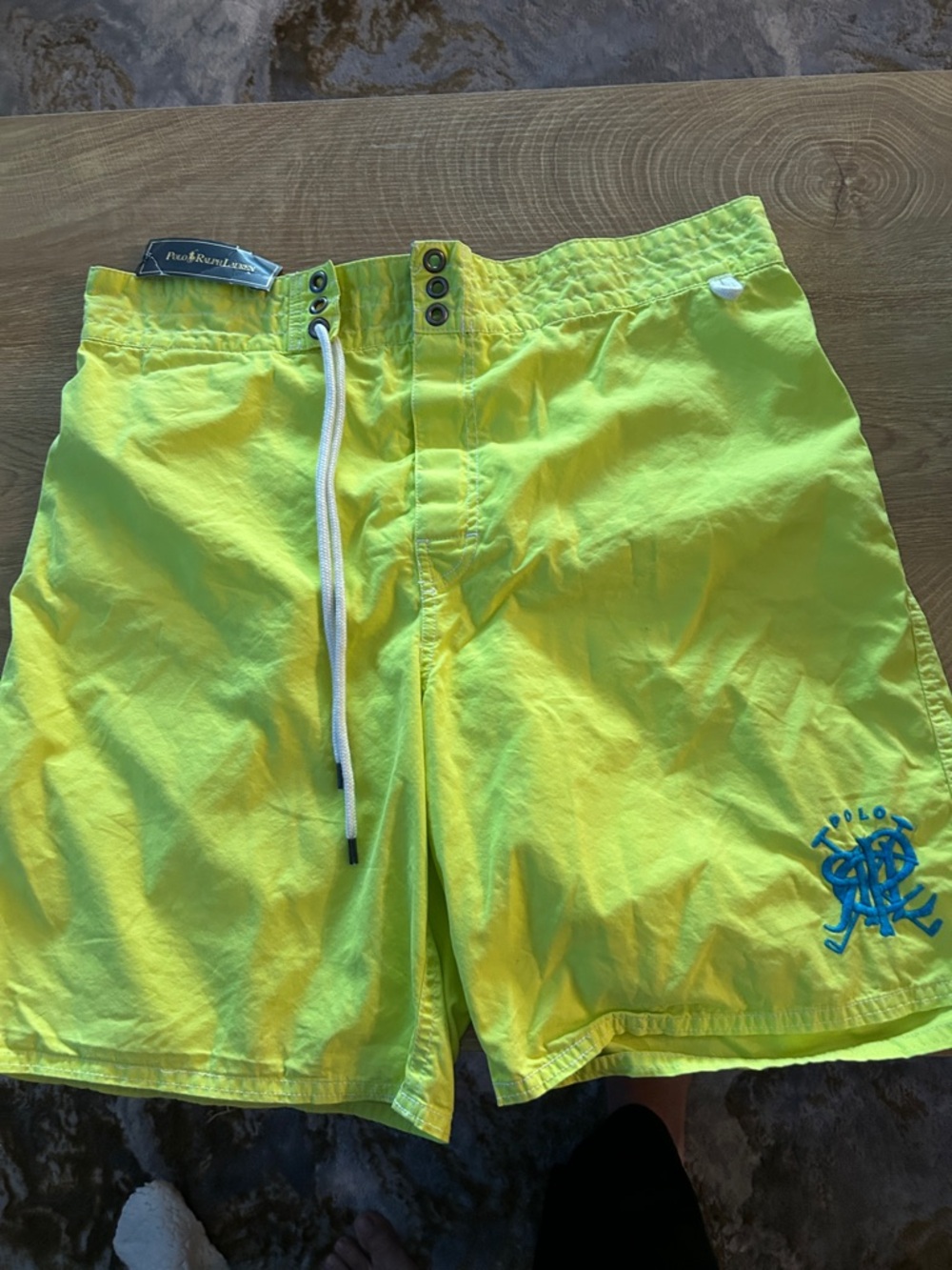Polo by Ralph Lauren Neon Yellow Swim Board Shorts with Blue Logo